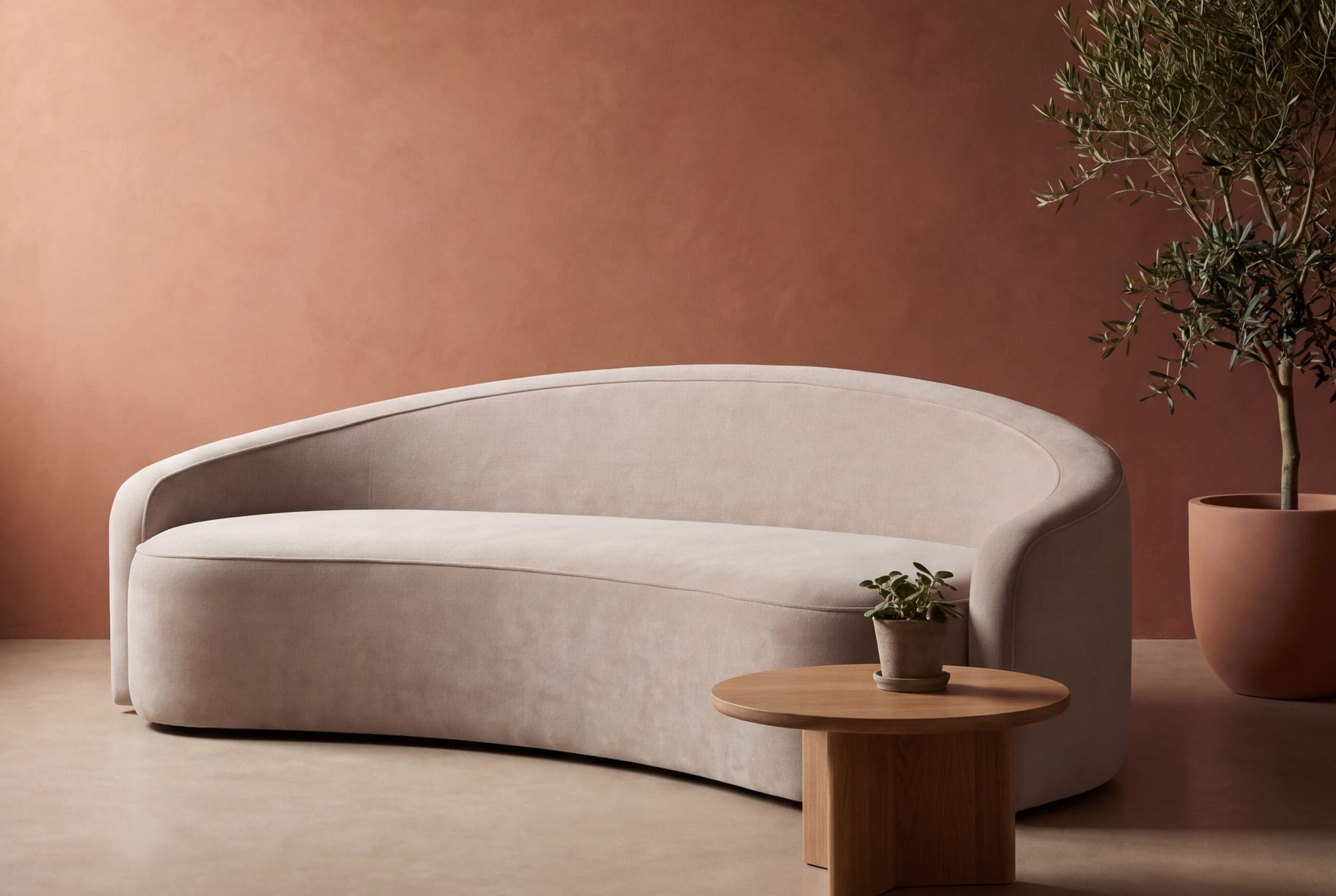 A curved sofa in pale velvet against a terracotta plaster wall, with a low oak table and an olive tree