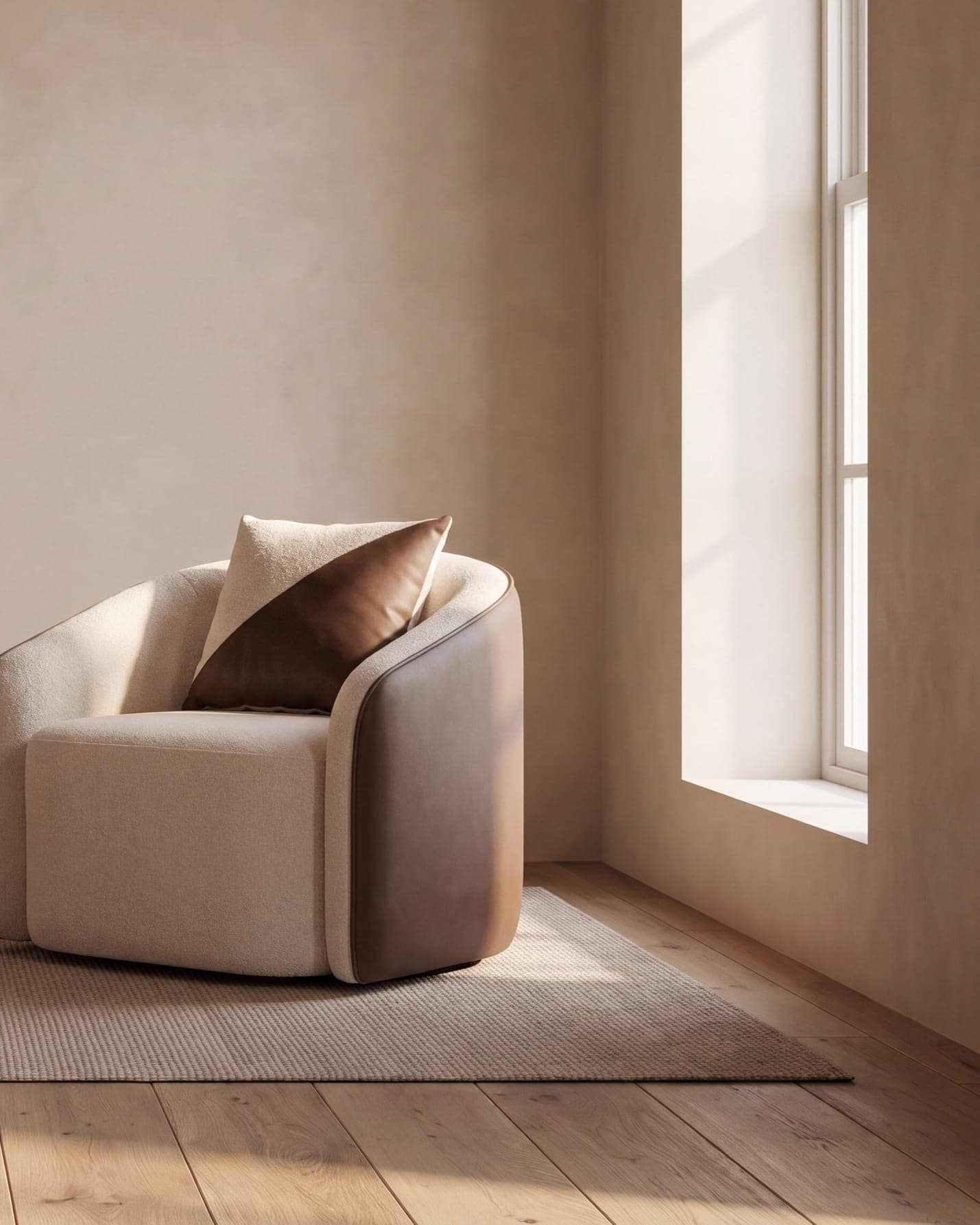 The Cove tub chair by a window in a quiet lime-washed room