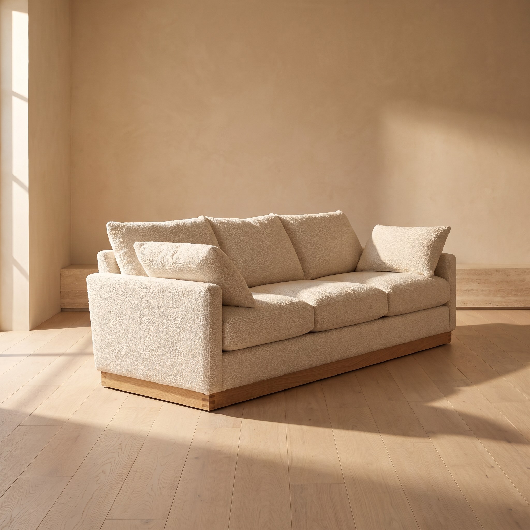Bouclé Three-Seat Sofa photographed in a room