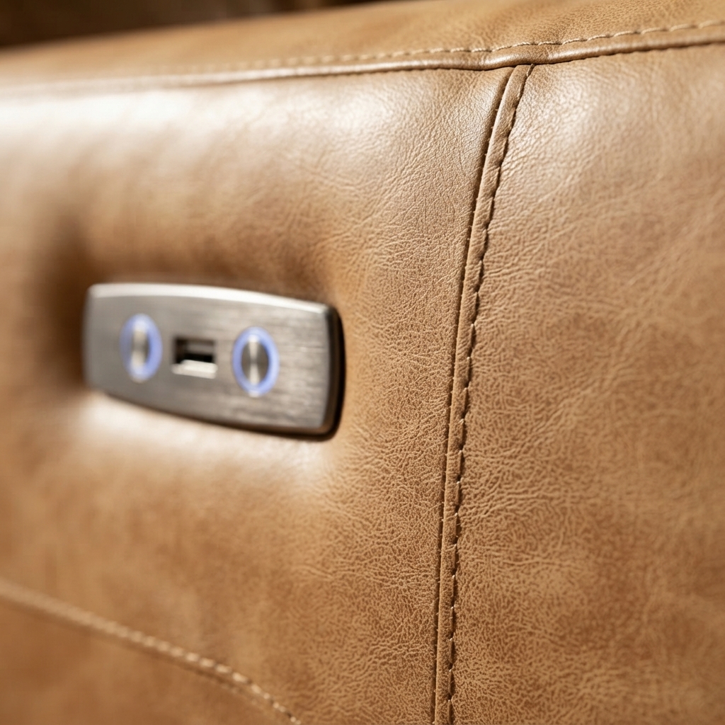 A close photograph of Tan distressed leather, the material Leather Power Recliner is built in