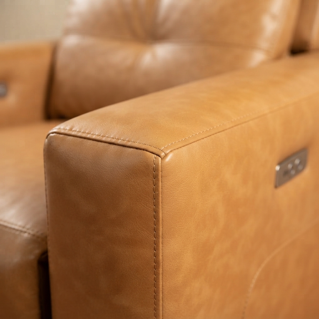 A close photograph of the joinery on Leather Power Recliner