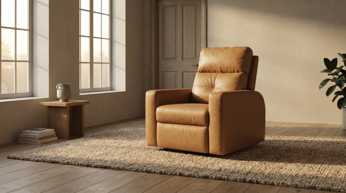 Leather Power Recliner photographed in a whole room, showing its scale
