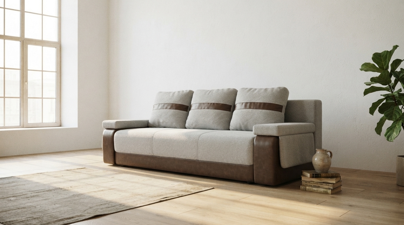 Strand Three-Seat Sofa photographed in a whole room, showing its scale
