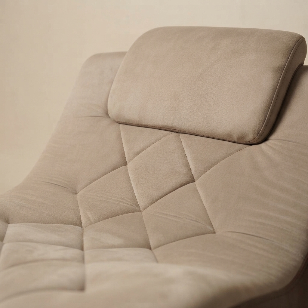 A close photograph of the joinery on Suede Chaise Lounger