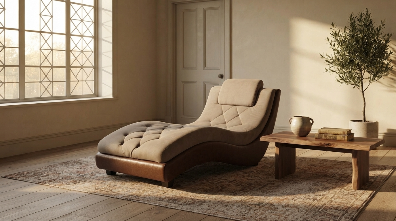 Suede Chaise Lounger photographed in a whole room, showing its scale