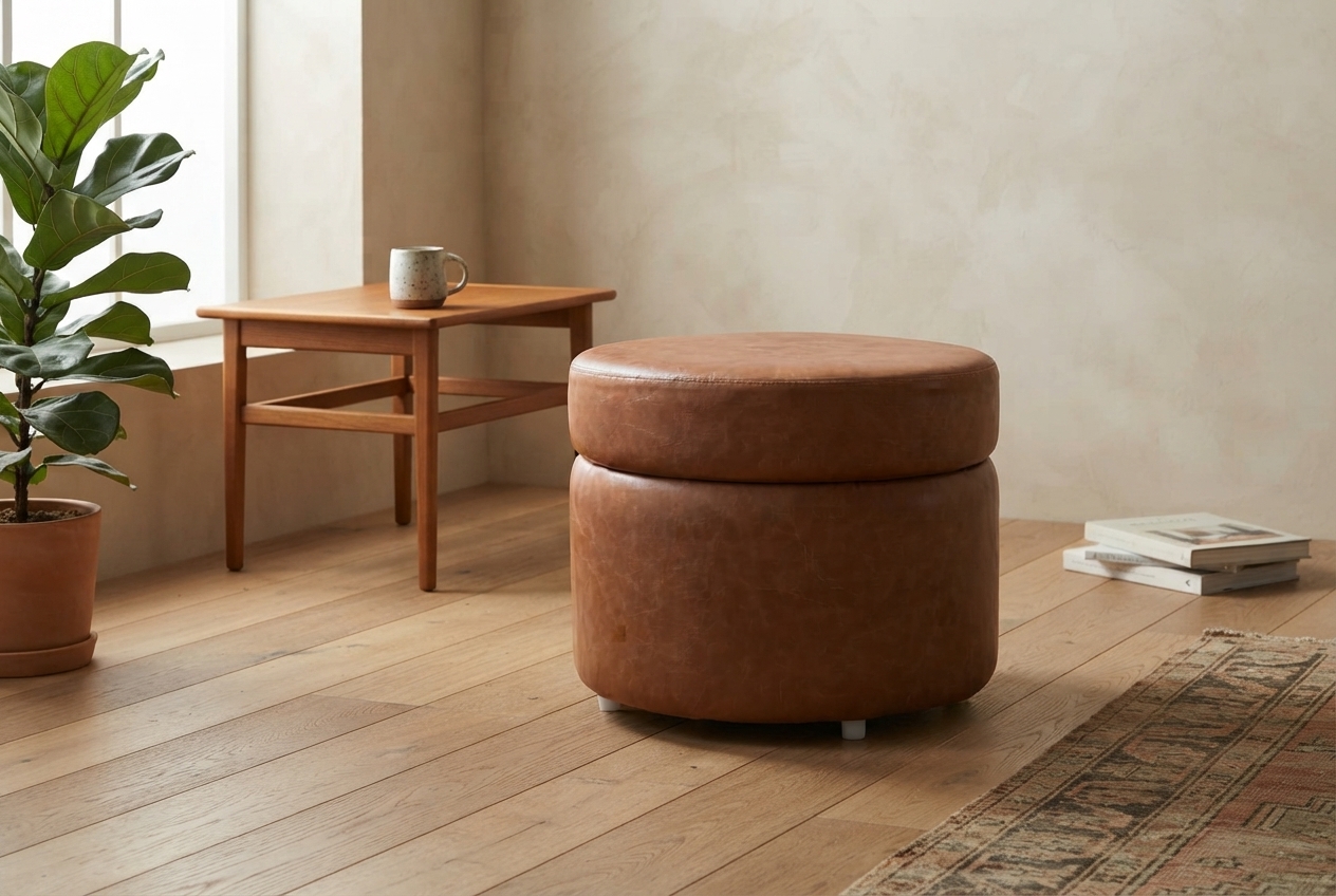 Tambour Storage Ottoman photographed in a room