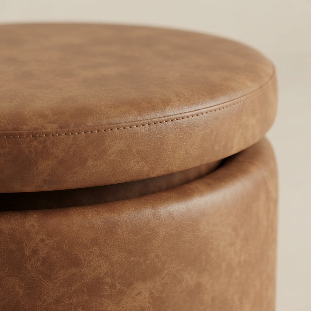 A close photograph of the joinery on Tambour Storage Ottoman