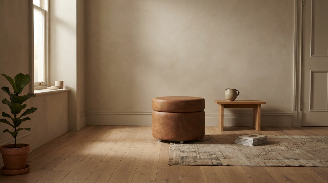 Tambour Storage Ottoman photographed in a whole room, showing its scale