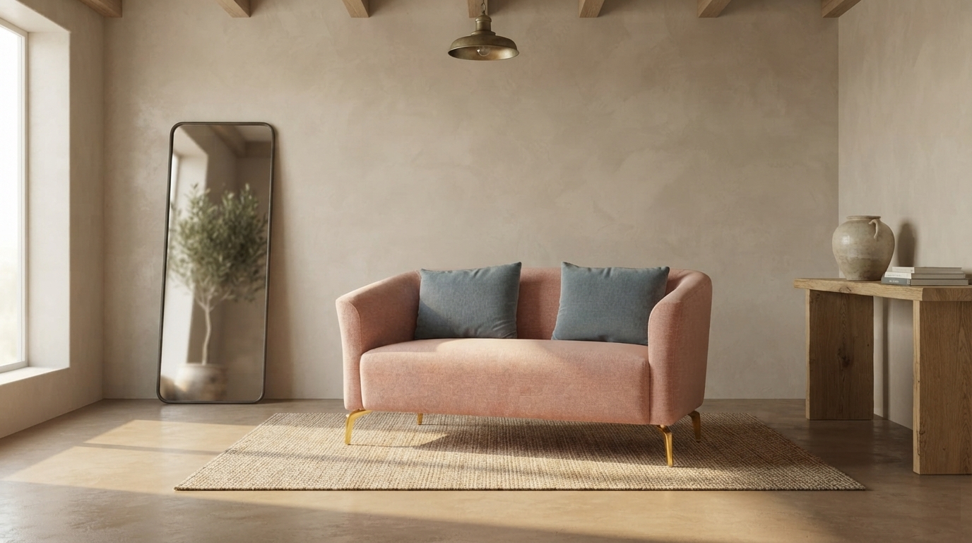 Textured Loveseat photographed in a whole room, showing its scale