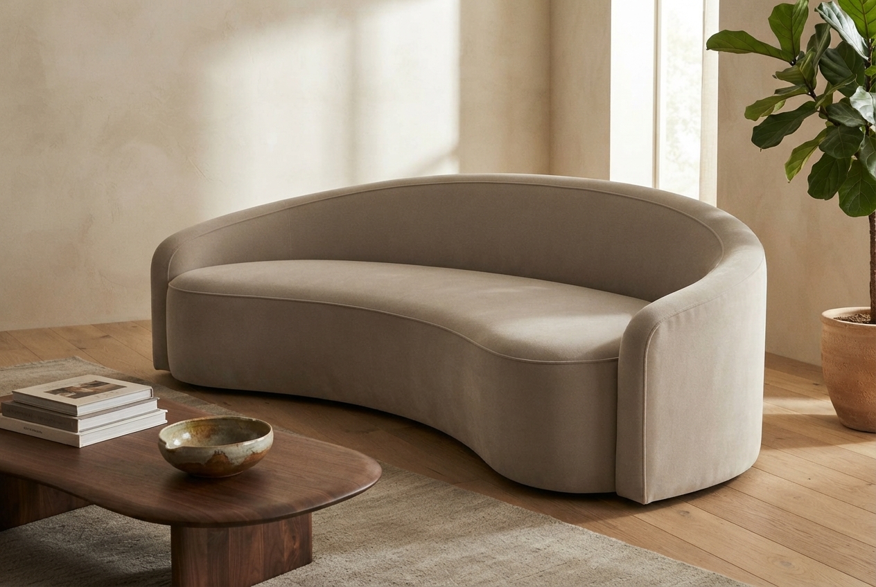 Velvet Curved Sofa photographed in a room