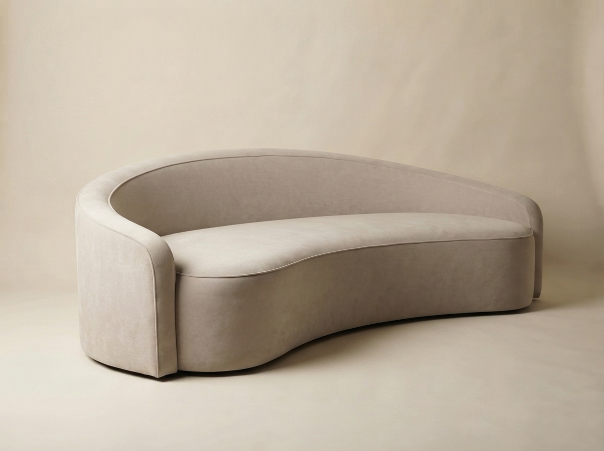 Velvet Curved Sofa photographed from three-quarters on