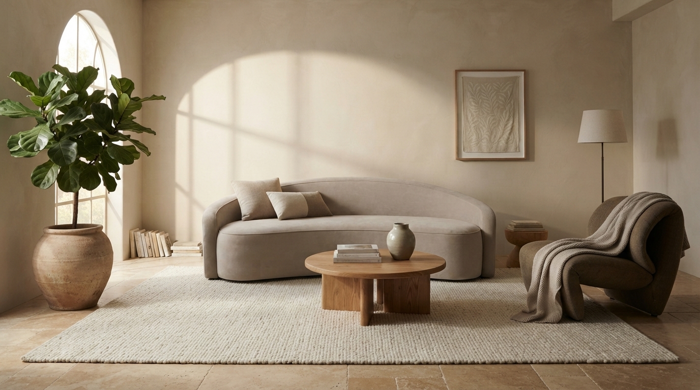 Velvet Curved Sofa photographed in a whole room, showing its scale
