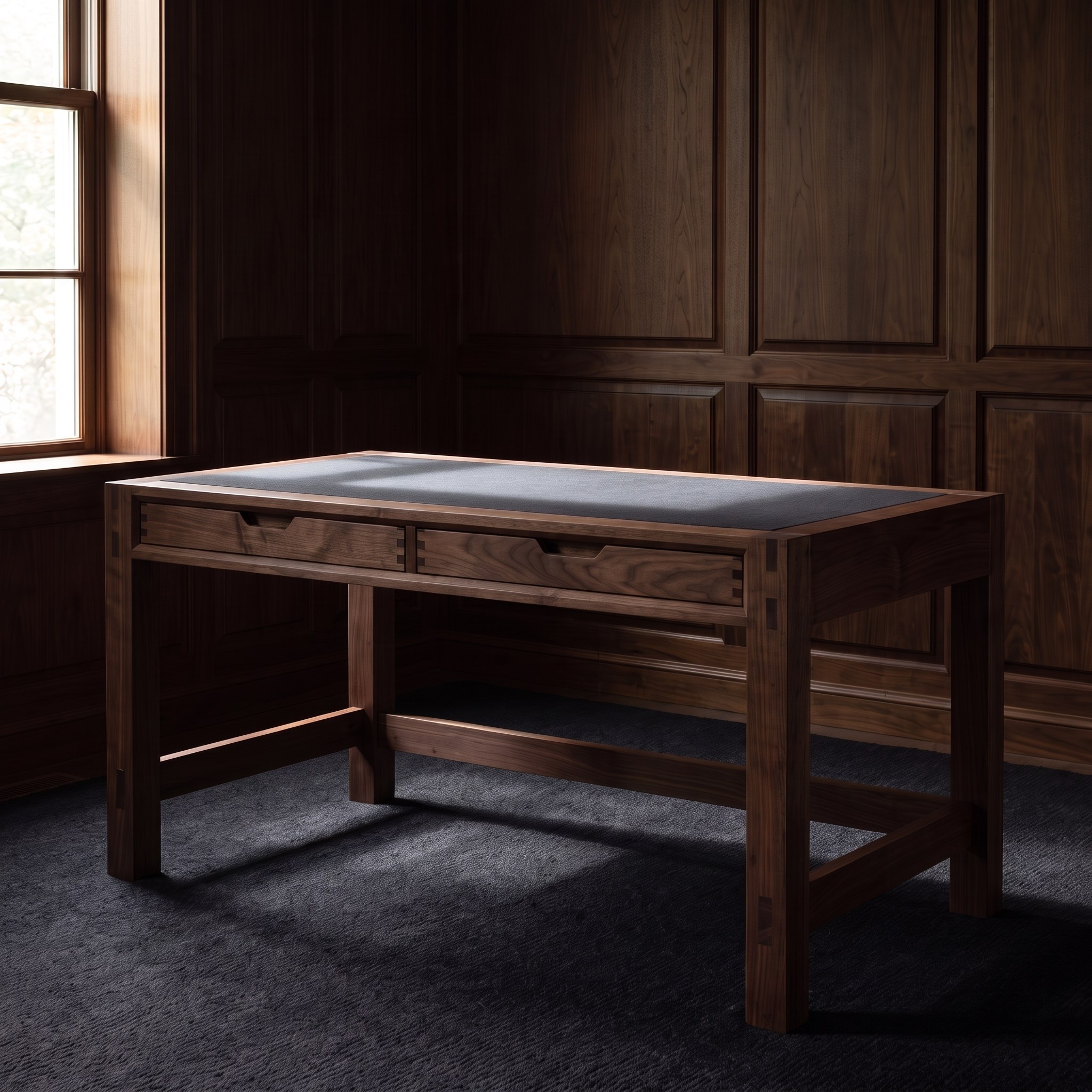 Linen-Inlay Study Desk — Charcoal linen inlay